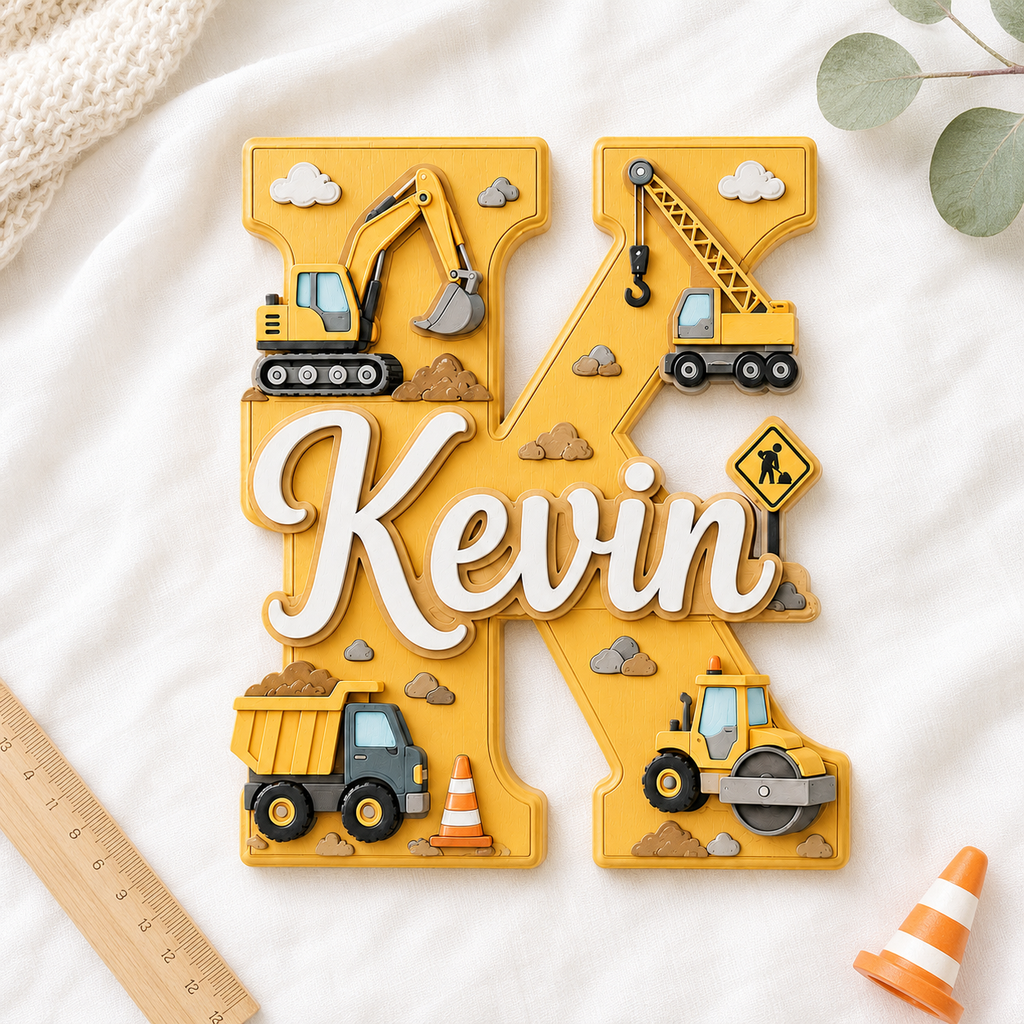 Personalized Construction Nursery Name Sign, Custom Digger Truck Baby Name Sign, Excavator Kids Room Decor, Wooden Letter Wall Art