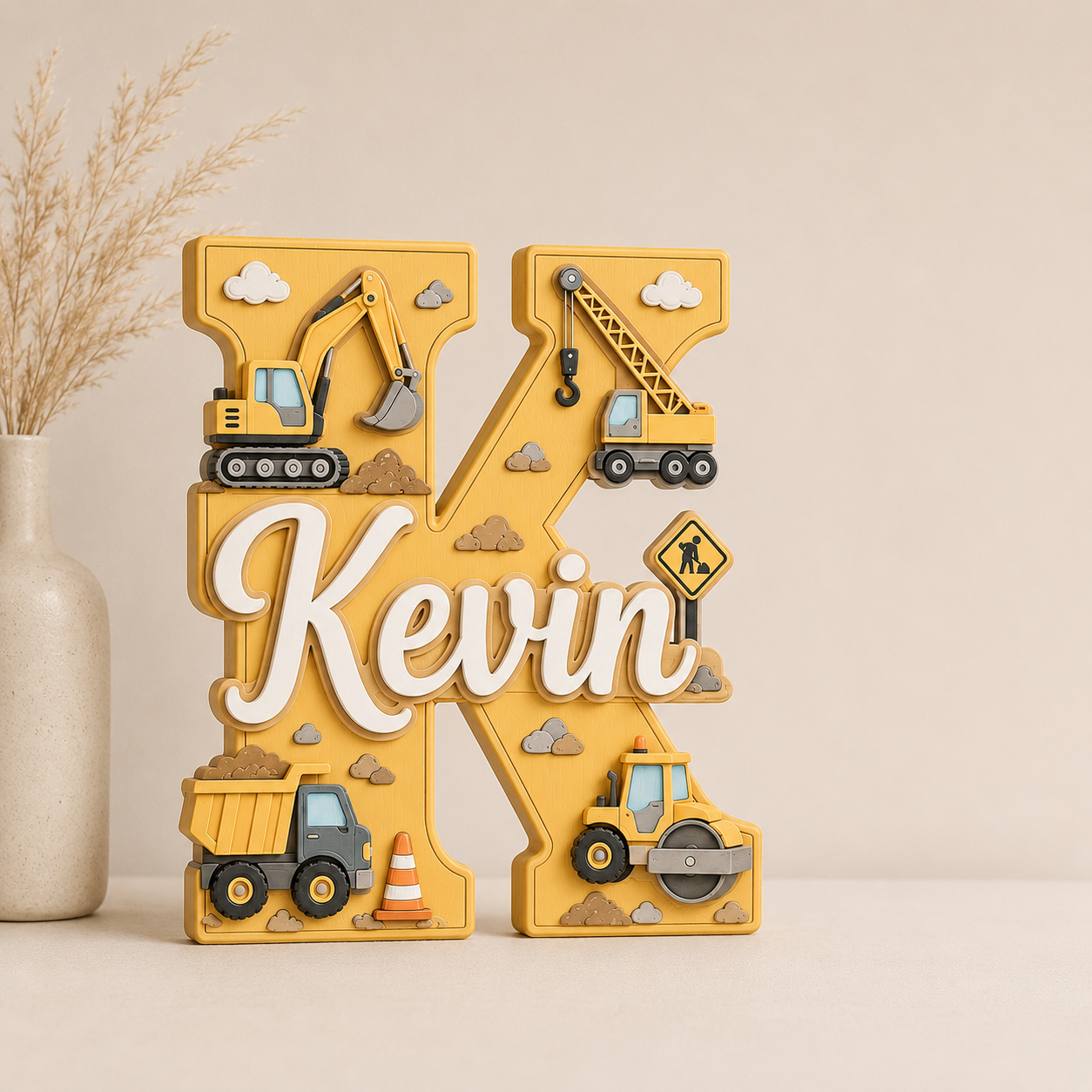 Personalized Construction Nursery Name Sign, Custom Digger Truck Baby Name Sign, Excavator Kids Room Decor, Wooden Letter Wall Art