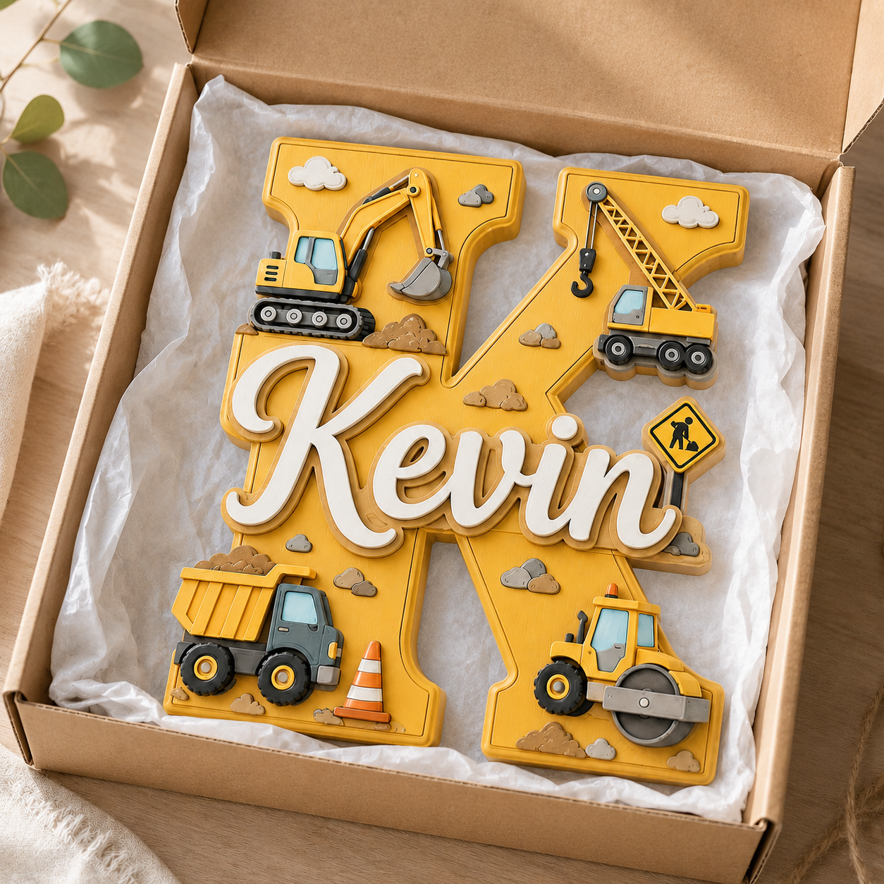 Personalized Construction Nursery Name Sign, Custom Digger Truck Baby Name Sign, Excavator Kids Room Decor, Wooden Letter Wall Art