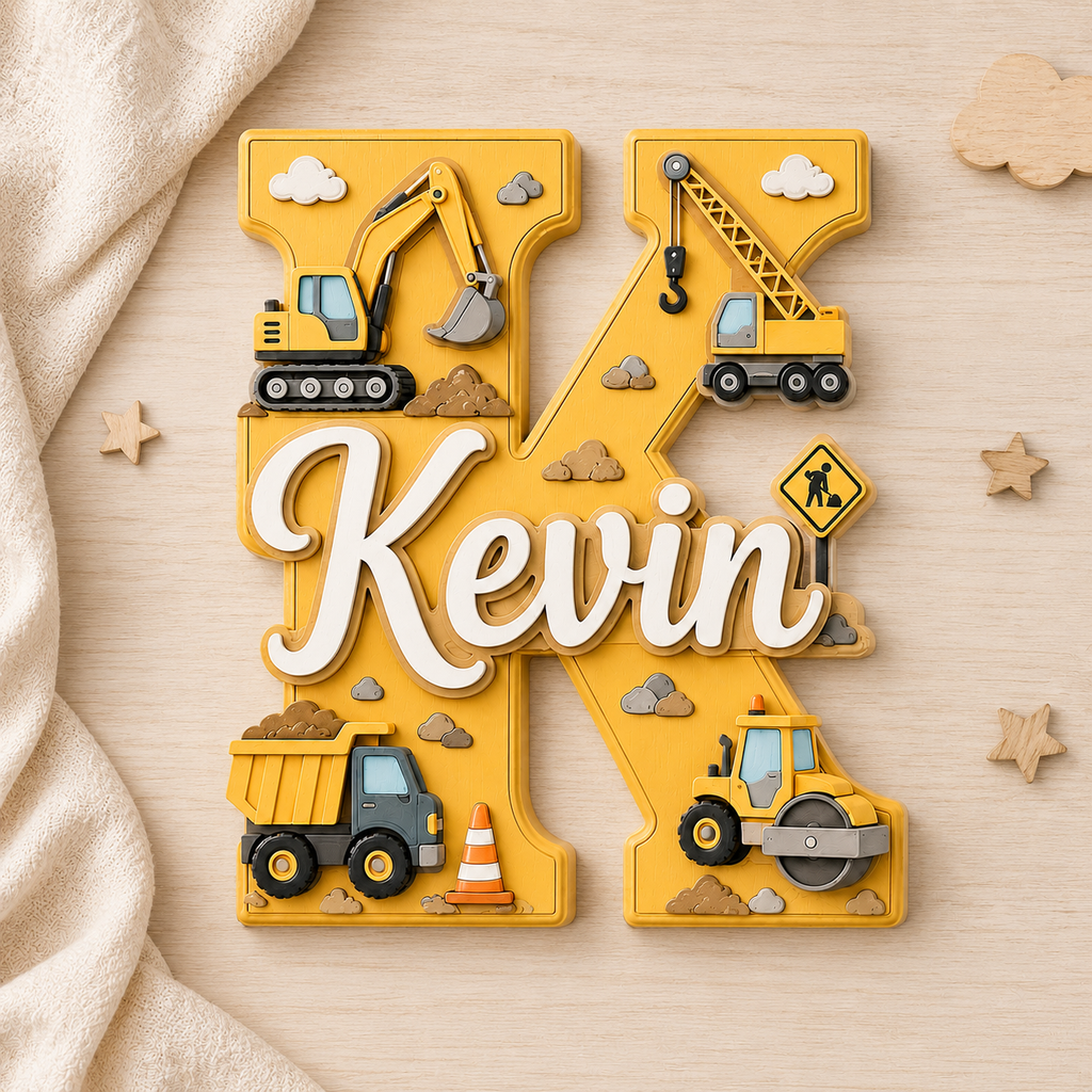 Personalized Construction Nursery Name Sign, Custom Digger Truck Baby Name Sign, Excavator Kids Room Decor, Wooden Letter Wall Art