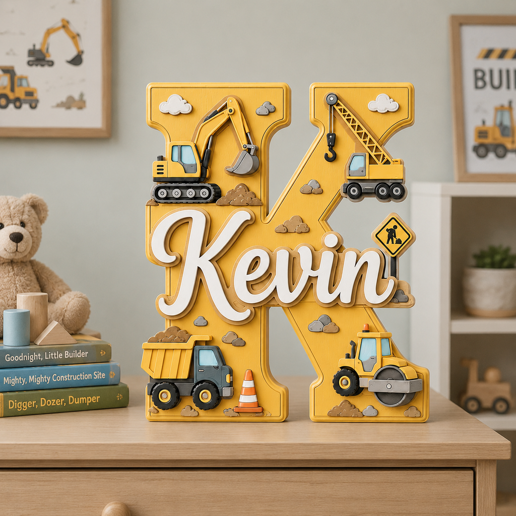 Personalized Construction Nursery Name Sign, Custom Digger Truck Baby Name Sign, Excavator Kids Room Decor, Wooden Letter Wall Art