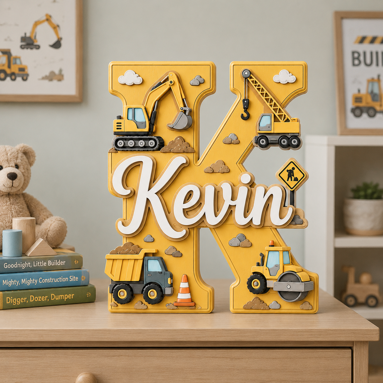 Personalized Construction Nursery Name Sign, Custom Digger Truck Baby Name Sign, Excavator Kids Room Decor, Wooden Letter Wall Art