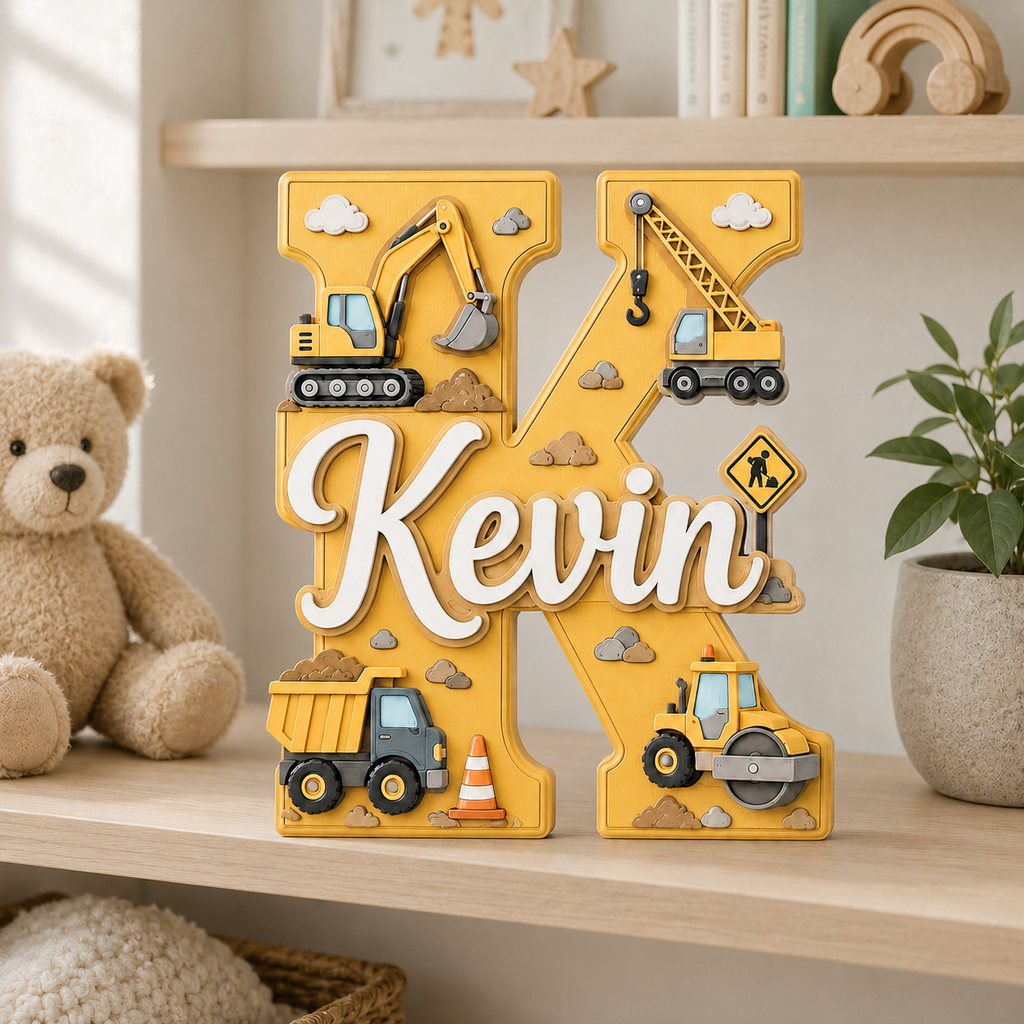 Personalized Construction Nursery Name Sign, Custom Digger Truck Baby Name Sign, Excavator Kids Room Decor, Wooden Letter Wall Art