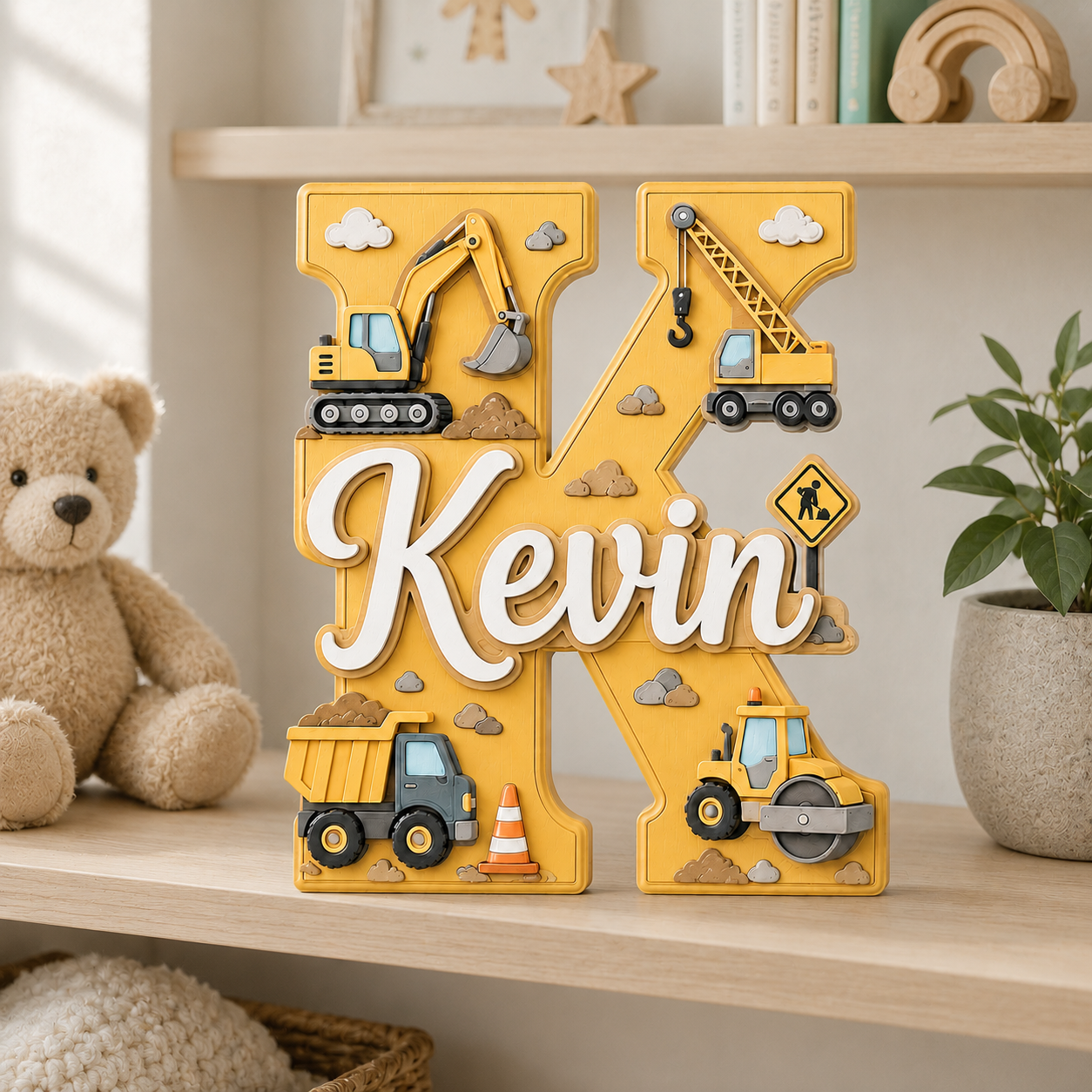 Personalized Construction Nursery Name Sign, Custom Digger Truck Baby Name Sign, Excavator Kids Room Decor, Wooden Letter Wall Art