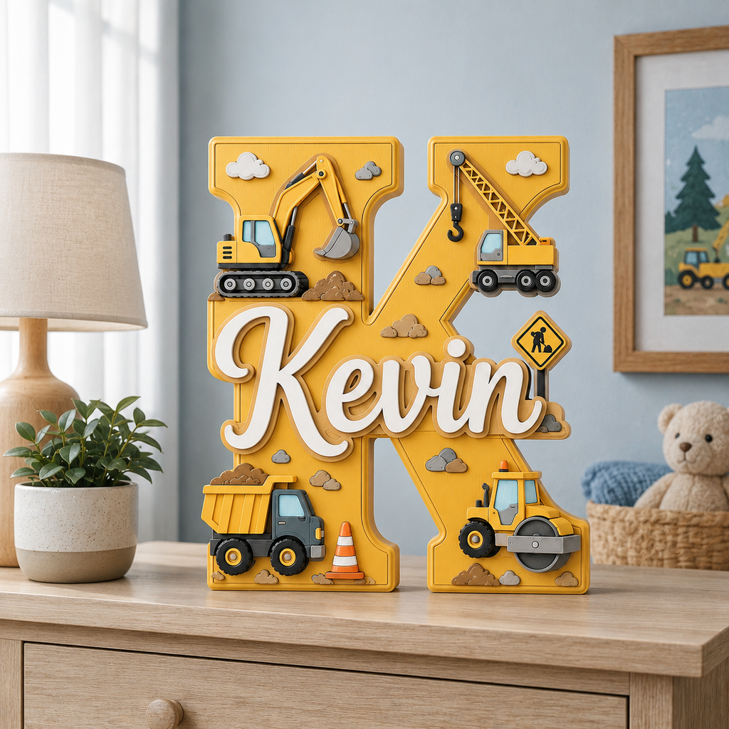 Personalized Construction Nursery Name Sign, Custom Digger Truck Baby Name Sign, Excavator Kids Room Decor, Wooden Letter Wall Art