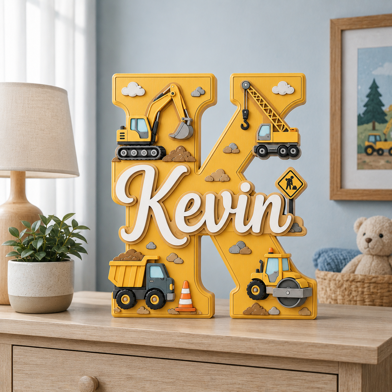 Personalized Construction Nursery Name Sign, Custom Digger Truck Baby Name Sign, Excavator Kids Room Decor, Wooden Letter Wall Art