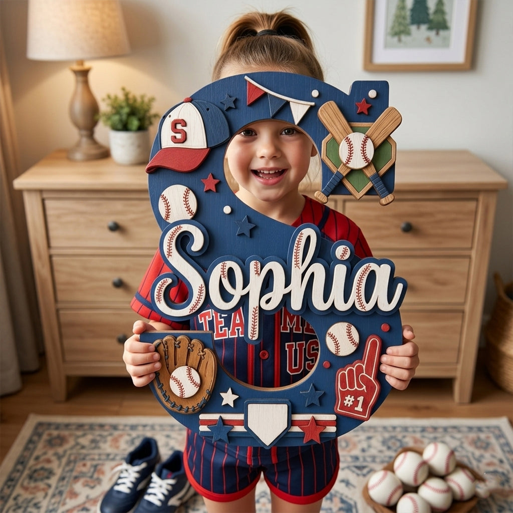 Personalized Baseball Nursery Name Sign, Custom Sports Baby Name Sign, Baseball Bat Glove Kids Room Decor, Wooden Letter Wall Art