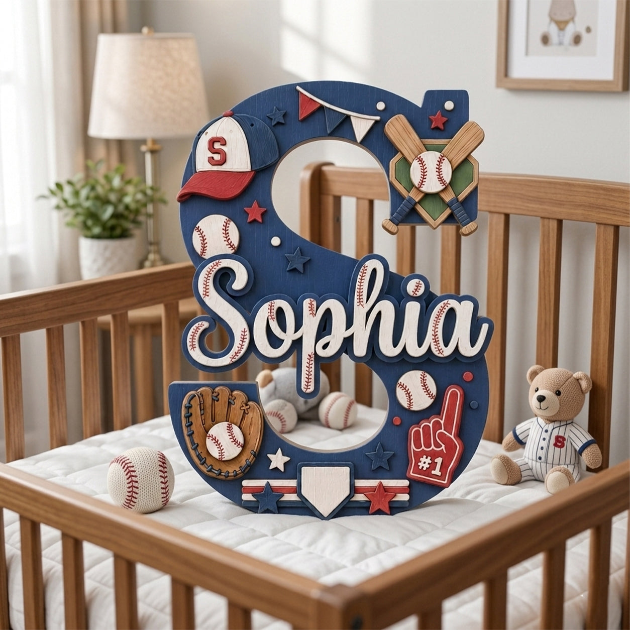 Personalized Baseball Nursery Name Sign, Custom Sports Baby Name Sign, Baseball Bat Glove Kids Room Decor, Wooden Letter Wall Art