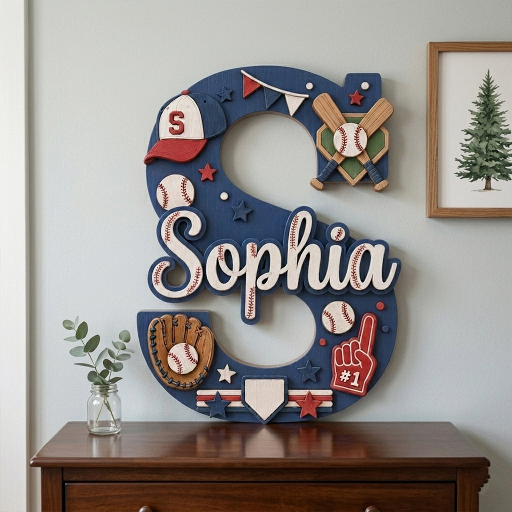 Personalized Baseball Nursery Name Sign, Custom Sports Baby Name Sign, Baseball Bat Glove Kids Room Decor, Wooden Letter Wall Art