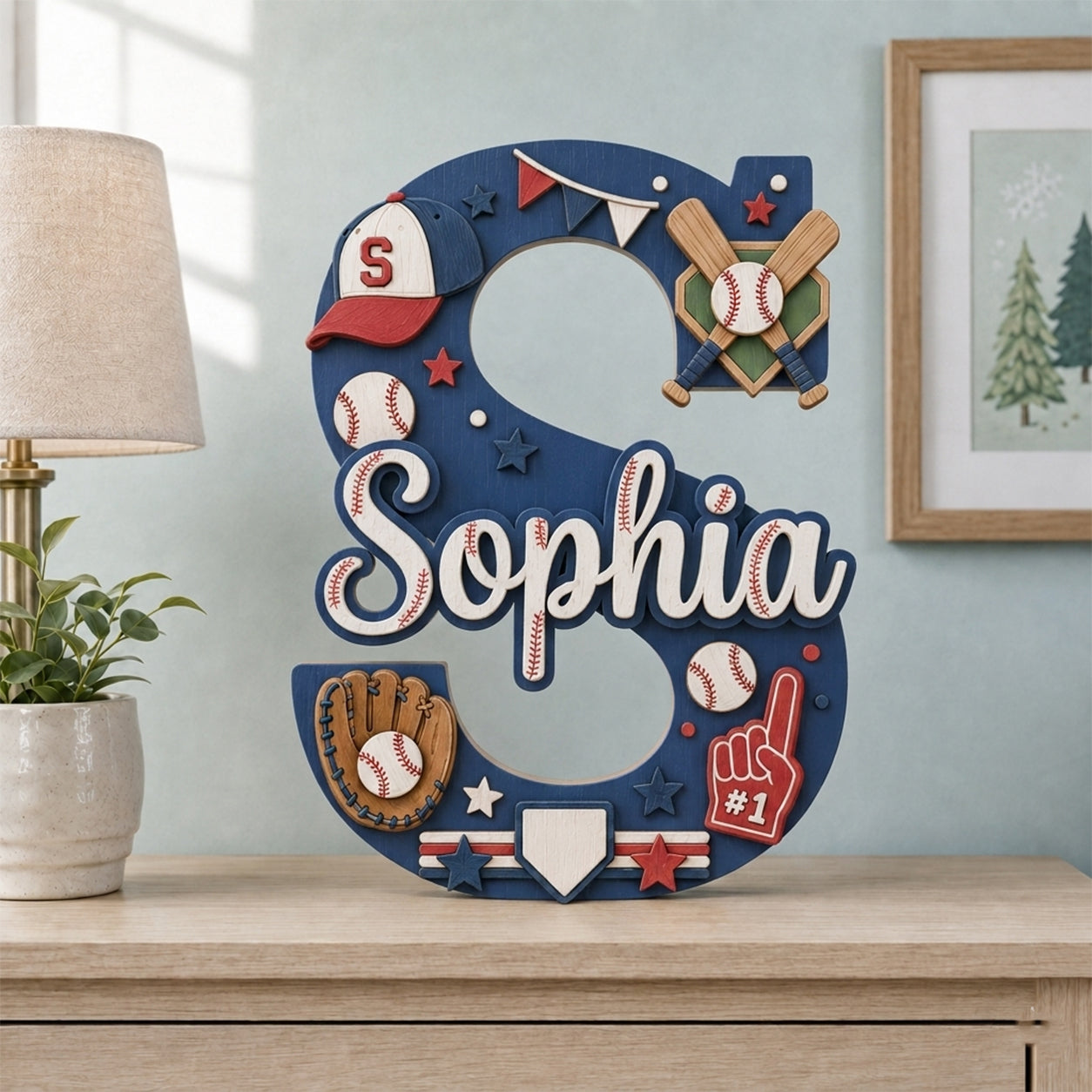 Personalized Baseball Nursery Name Sign, Custom Sports Baby Name Sign, Baseball Bat Glove Kids Room Decor, Wooden Letter Wall Art