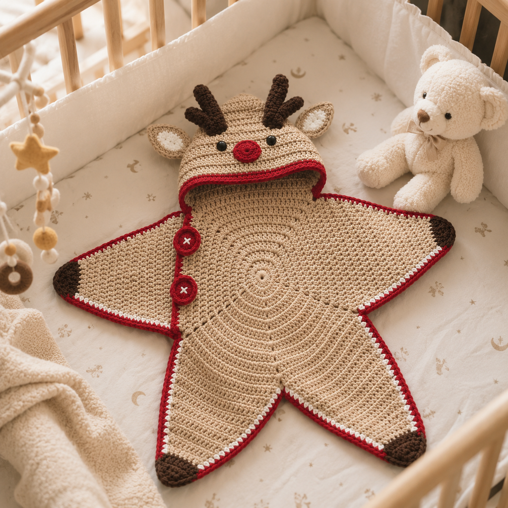 Crochet Reindeer Star Baby Cocoon – Handmade Christmas Baby Outfit
