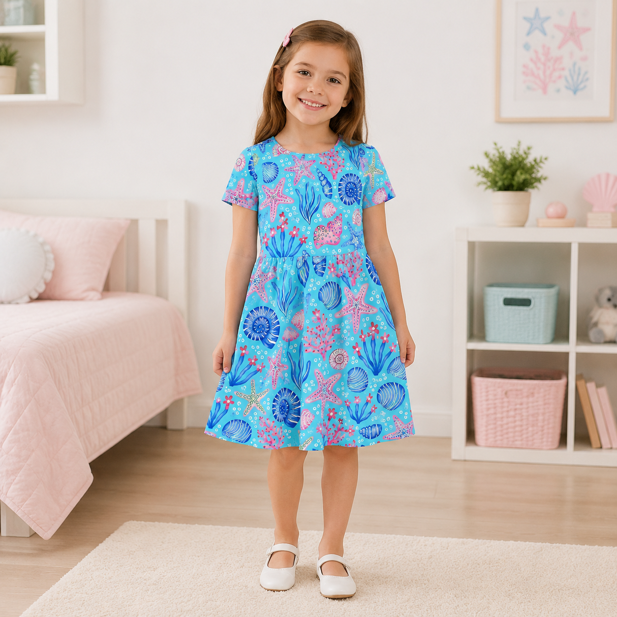 Ocean Starfish & Seashell Bamboo Twirl Dress for Girls – Blue Summer Dress