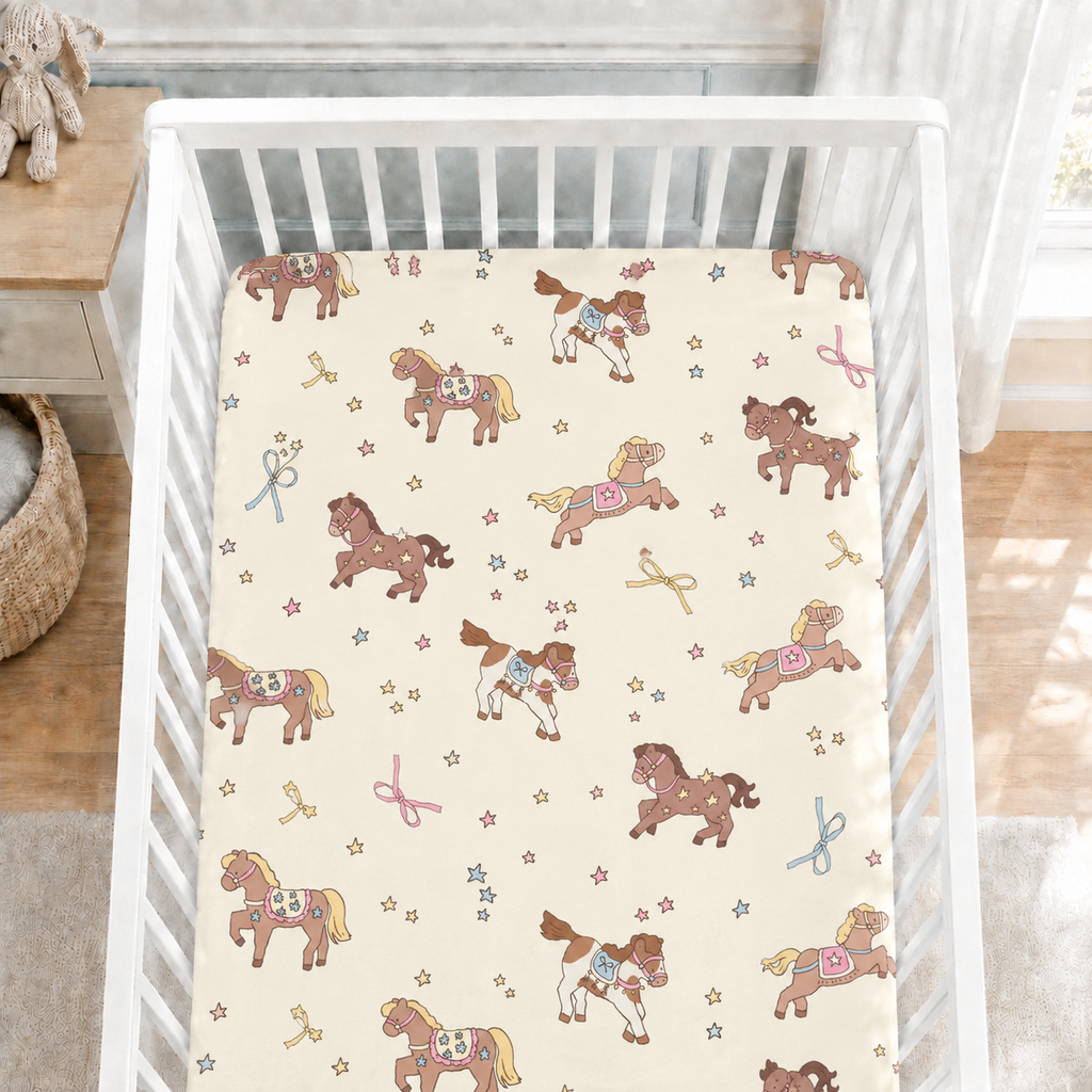 Carousel Horse Bamboo Fitted Crib Sheet – Baby Girl Nursery Bedding