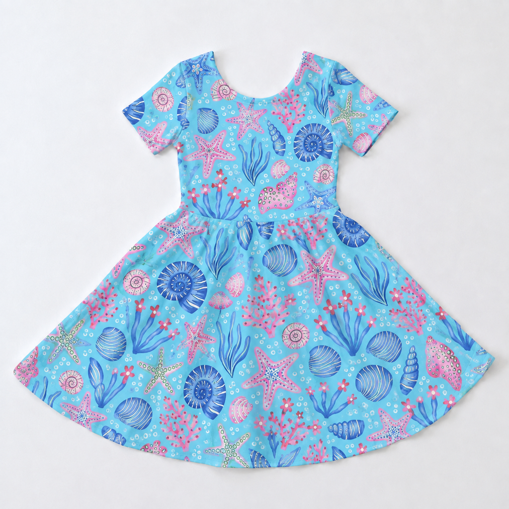 Ocean Starfish & Seashell Bamboo Twirl Dress for Girls – Blue Summer Dress