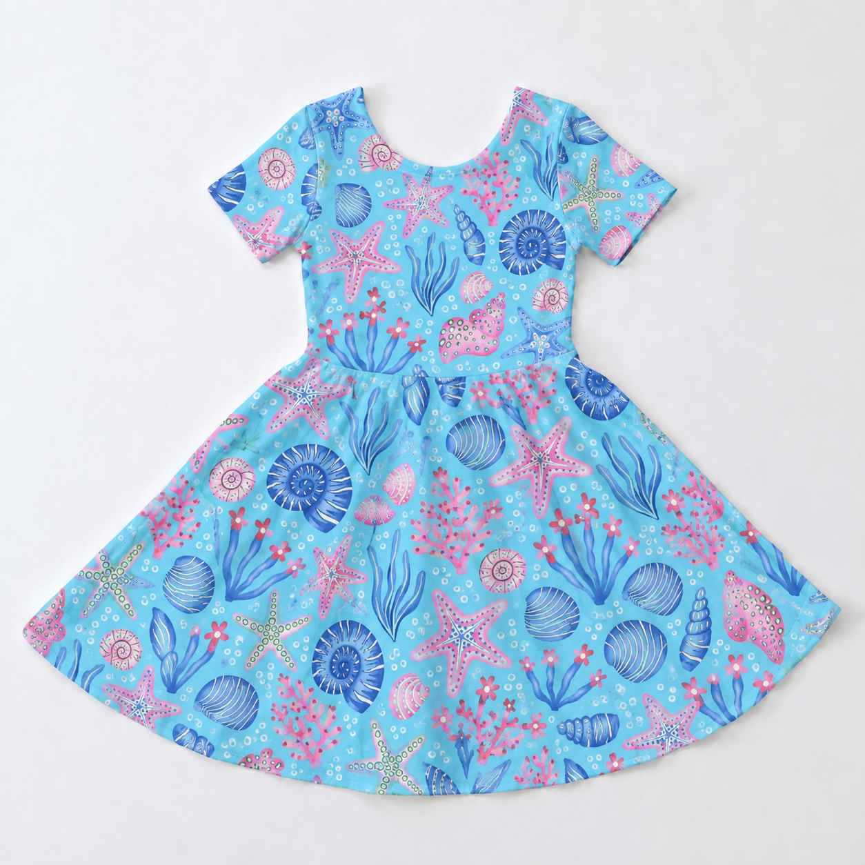 Ocean Starfish & Seashell Bamboo Twirl Dress for Girls – Blue Summer Dress