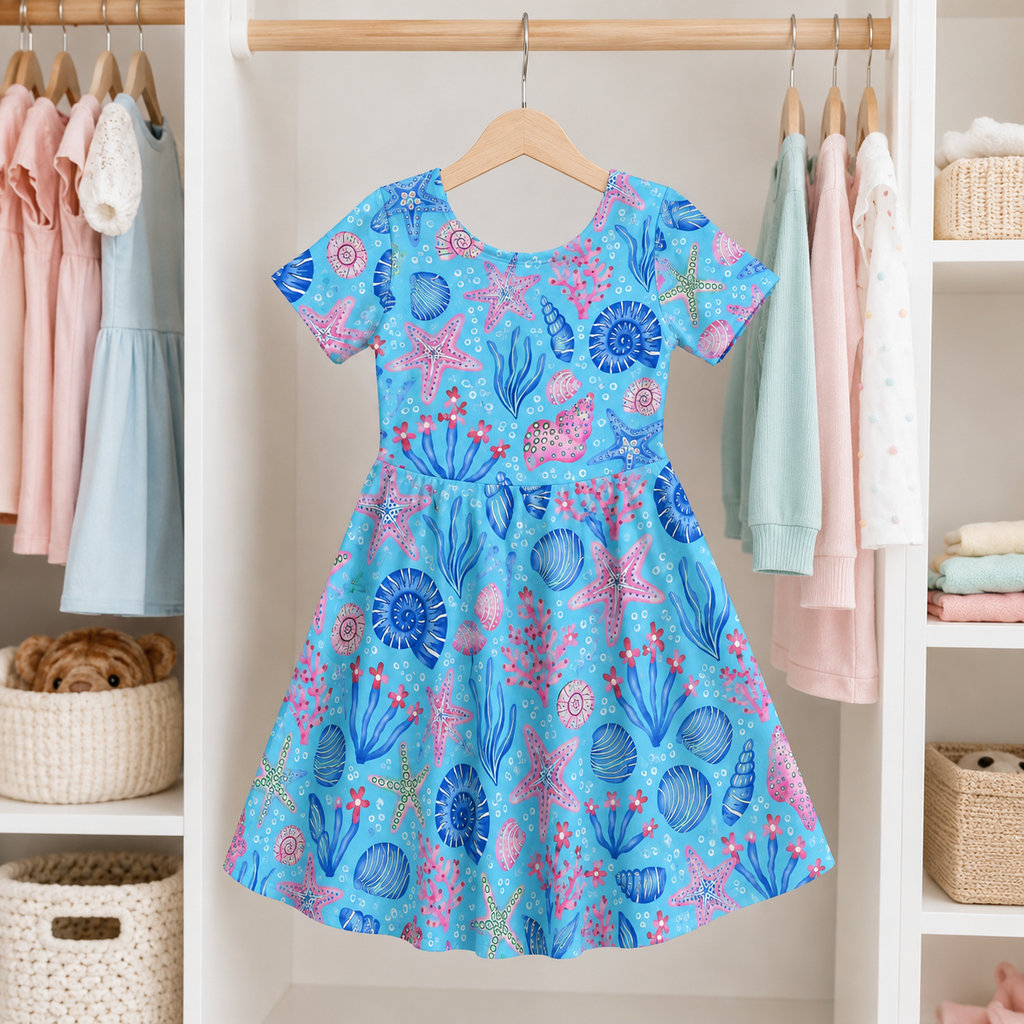 Ocean Starfish & Seashell Bamboo Twirl Dress for Girls – Blue Summer Dress