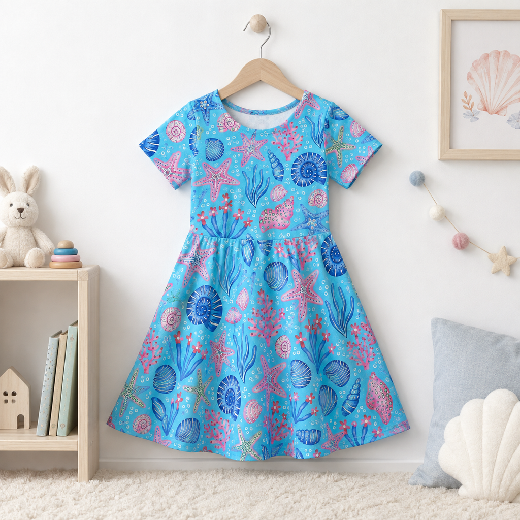 Ocean Starfish & Seashell Bamboo Twirl Dress for Girls – Blue Summer Dress