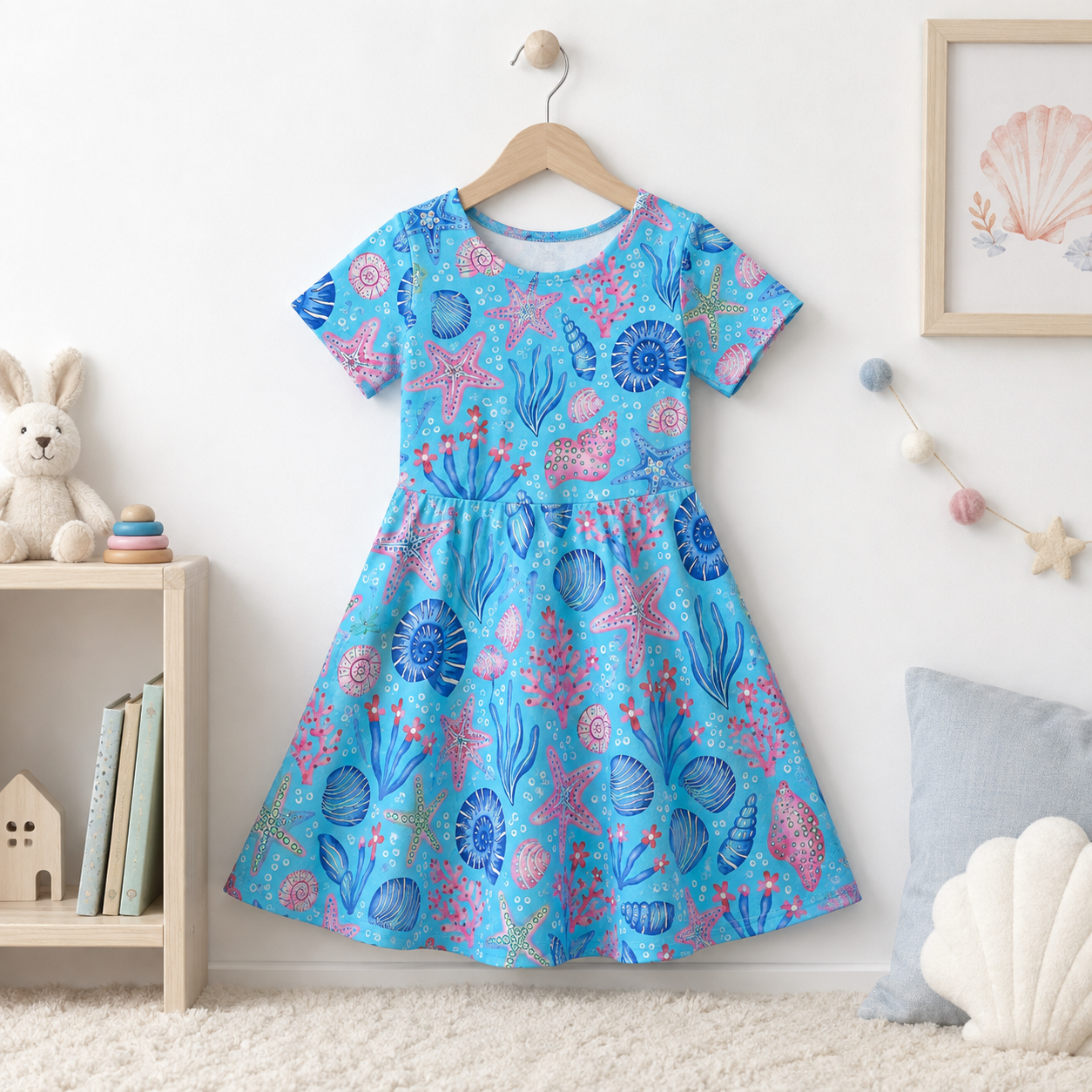 Ocean Starfish & Seashell Bamboo Twirl Dress for Girls – Blue Summer Dress