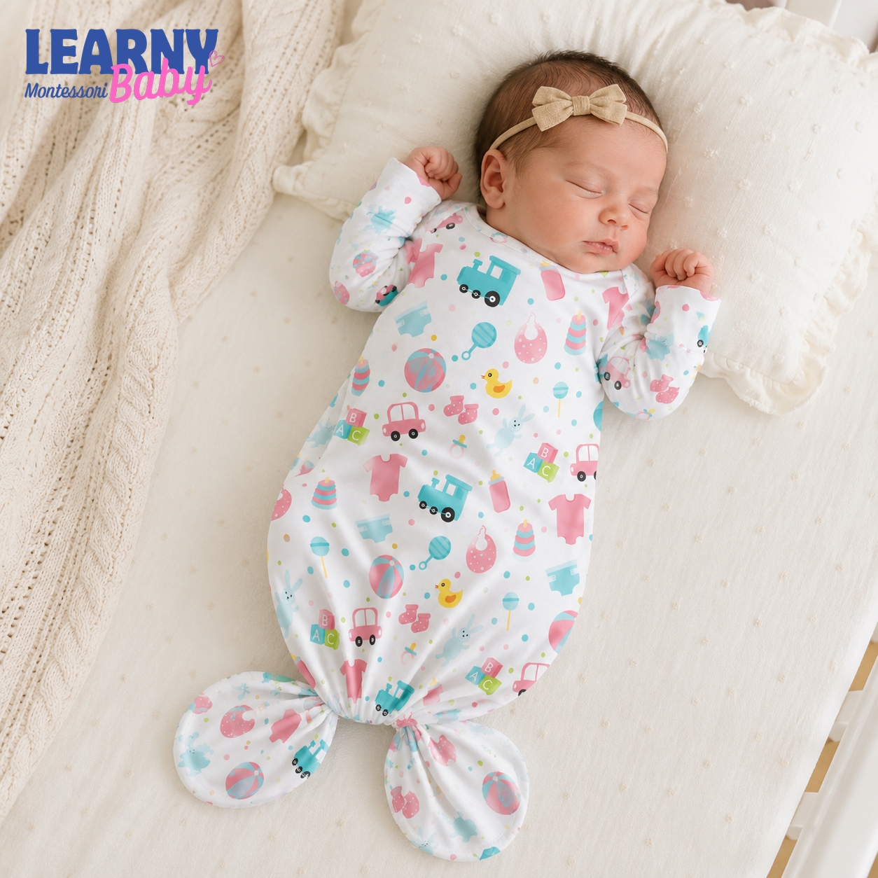 Newborn Baby Knotted Gown, Colorful Transportation Bamboo Sleeper, Gender Neutral Baby Outfit