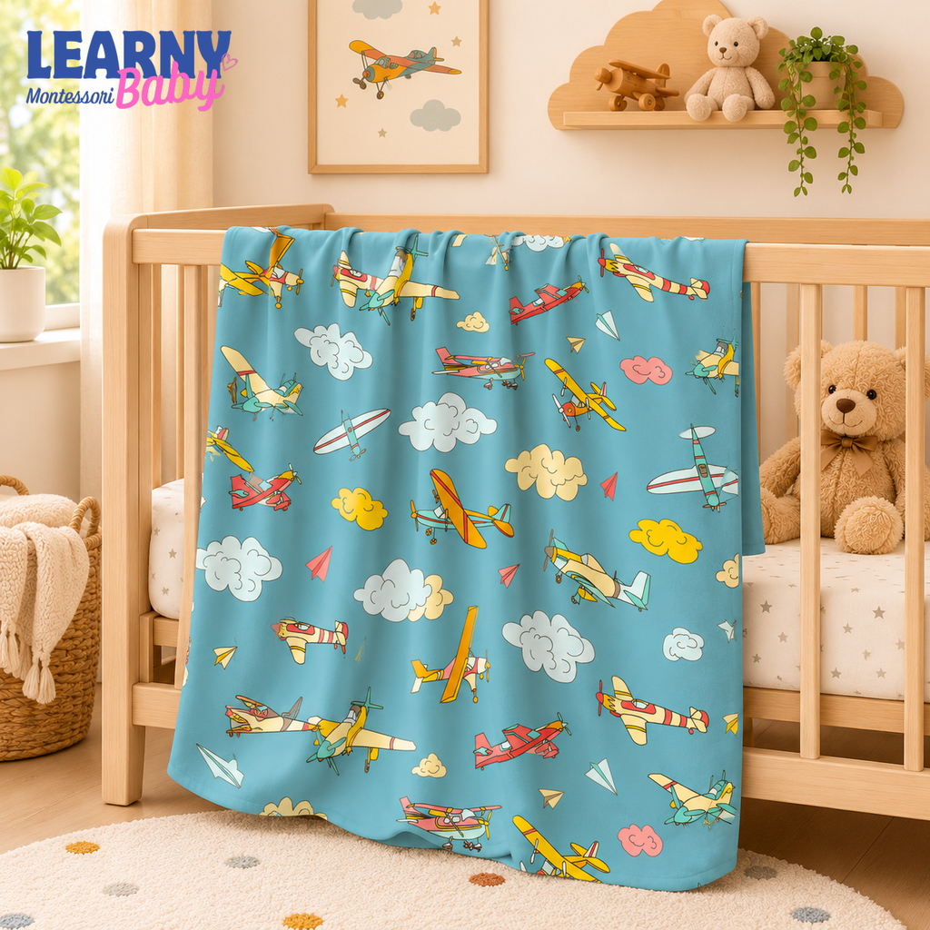 Airplane Bamboo Baby Blanket, Colorful Aviation and Cloud Nursery Blanket, Soft Newborn Receiving Blanket for Baby Boys