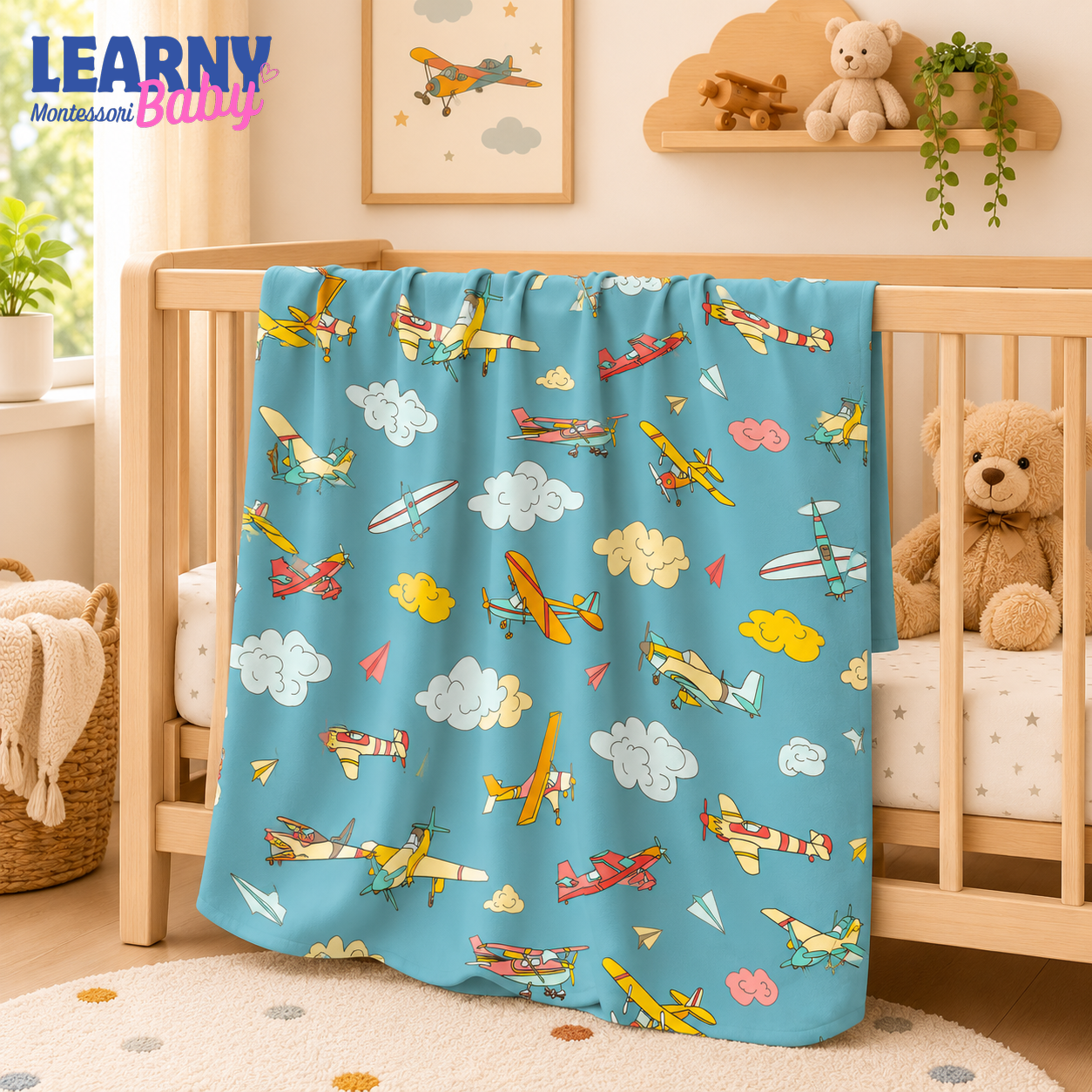 Airplane Bamboo Baby Blanket, Colorful Aviation and Cloud Nursery Blanket, Soft Newborn Receiving Blanket for Baby Boys