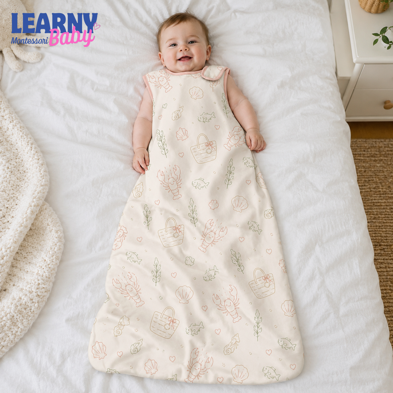 Coastal Lobster Bamboo Baby Sleep Sack, Seashell and Sea Life Wearable Blanket, Nautical Baby Nursery Gift