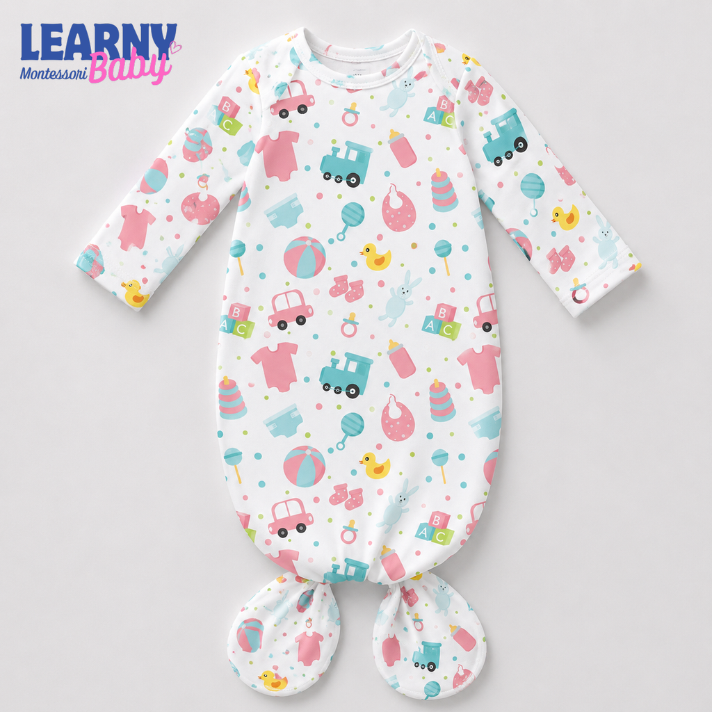 Newborn Baby Knotted Gown, Colorful Transportation Bamboo Sleeper, Gender Neutral Baby Outfit