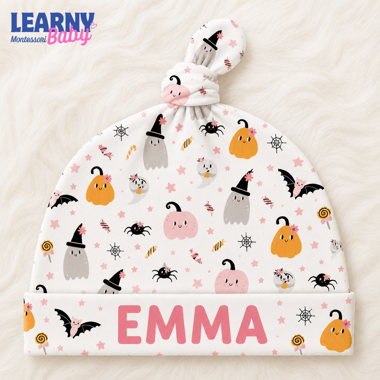 Personalized Pink Halloween Bamboo Baby Knotted Hat, Custom Name Ghost Pumpkin Newborn Beanie, Baby Girl Halloween Hat