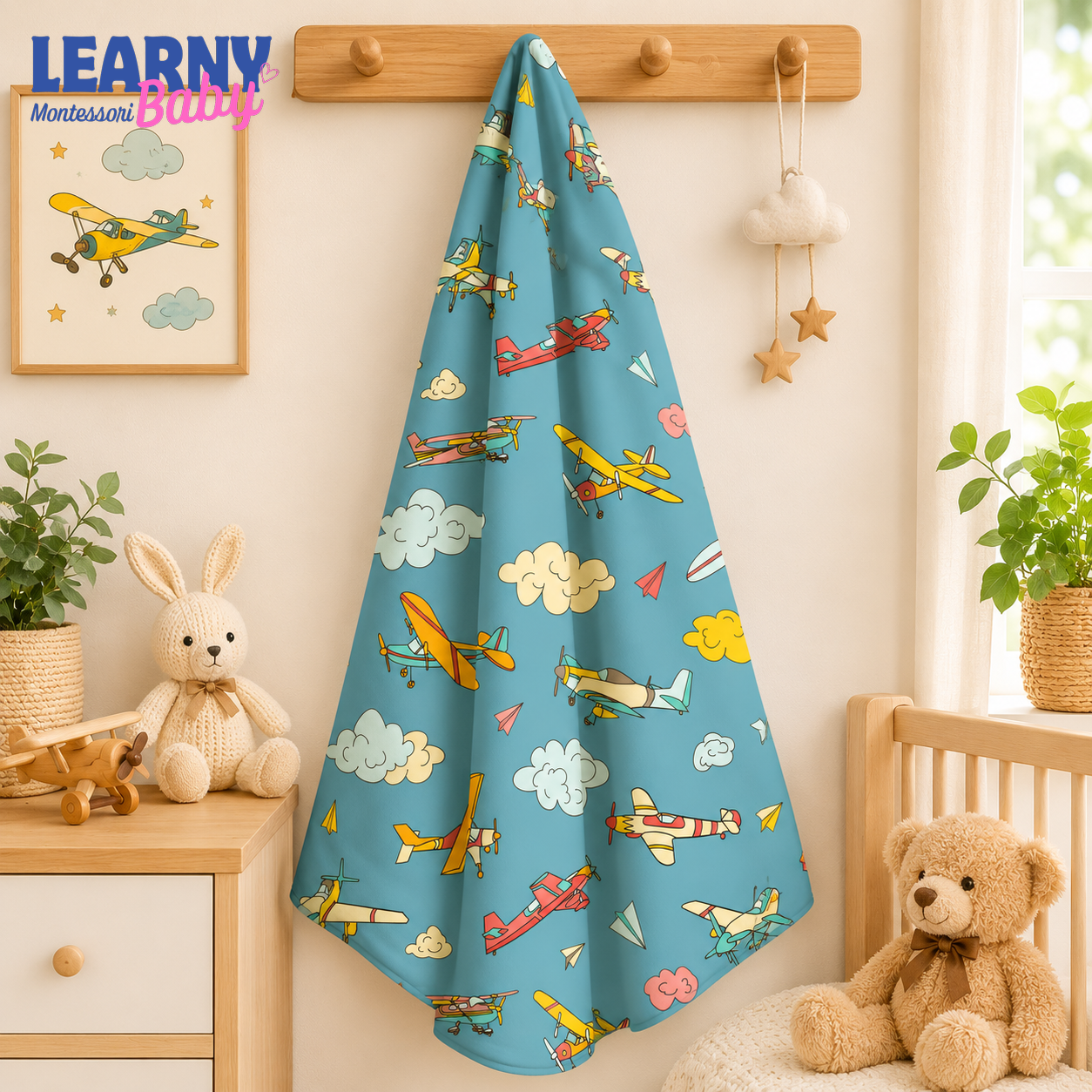 Airplane Bamboo Baby Blanket, Colorful Aviation and Cloud Nursery Blanket, Soft Newborn Receiving Blanket for Baby Boys