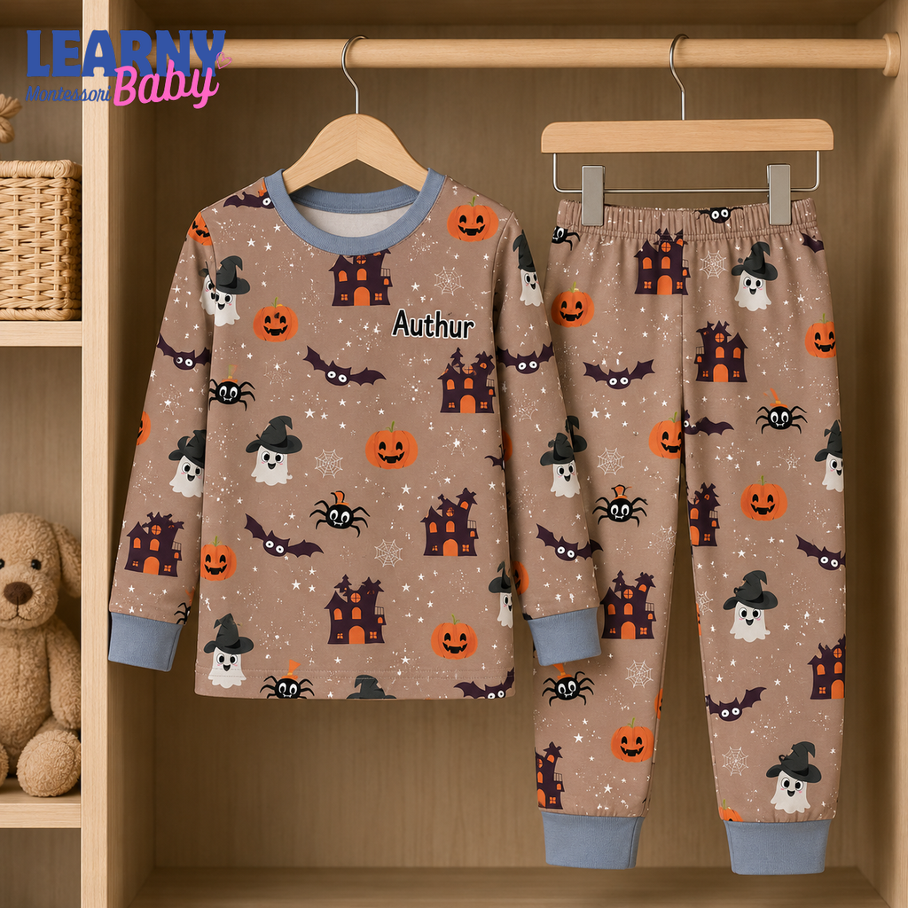 Personalized Halloween Bamboo Short Pajamas for Kids, Custom Name Ghost Pumpkin Bat and Haunted House Sleepwear