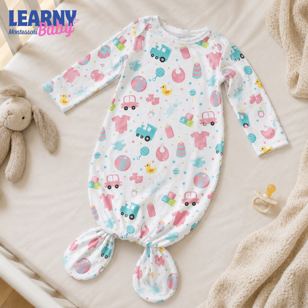 Newborn Baby Knotted Gown, Colorful Transportation Bamboo Sleeper, Gender Neutral Baby Outfit