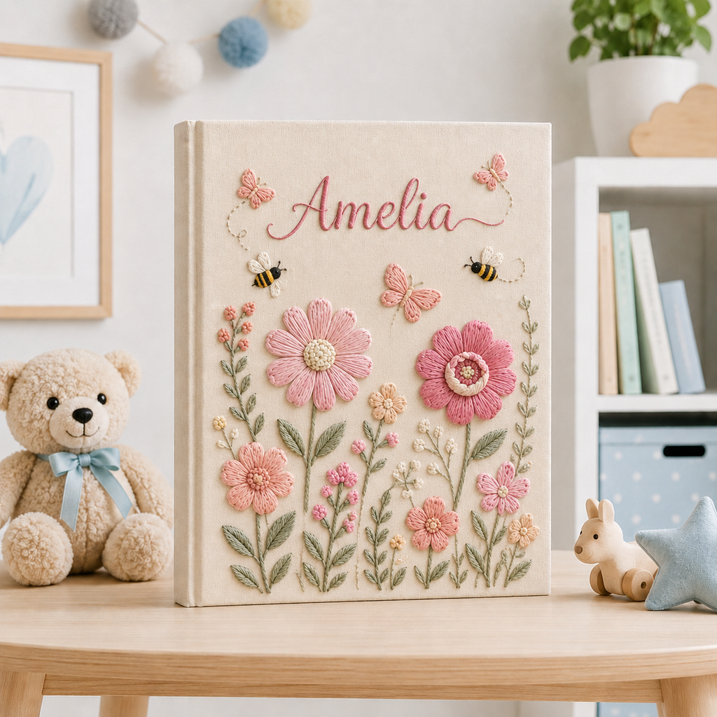 Custom Floral Bee Baby Photo Album, Personalized Hand Embroidered Keepsake Album with Sleeves, Linen Baby Girl Memory Book EPLB13