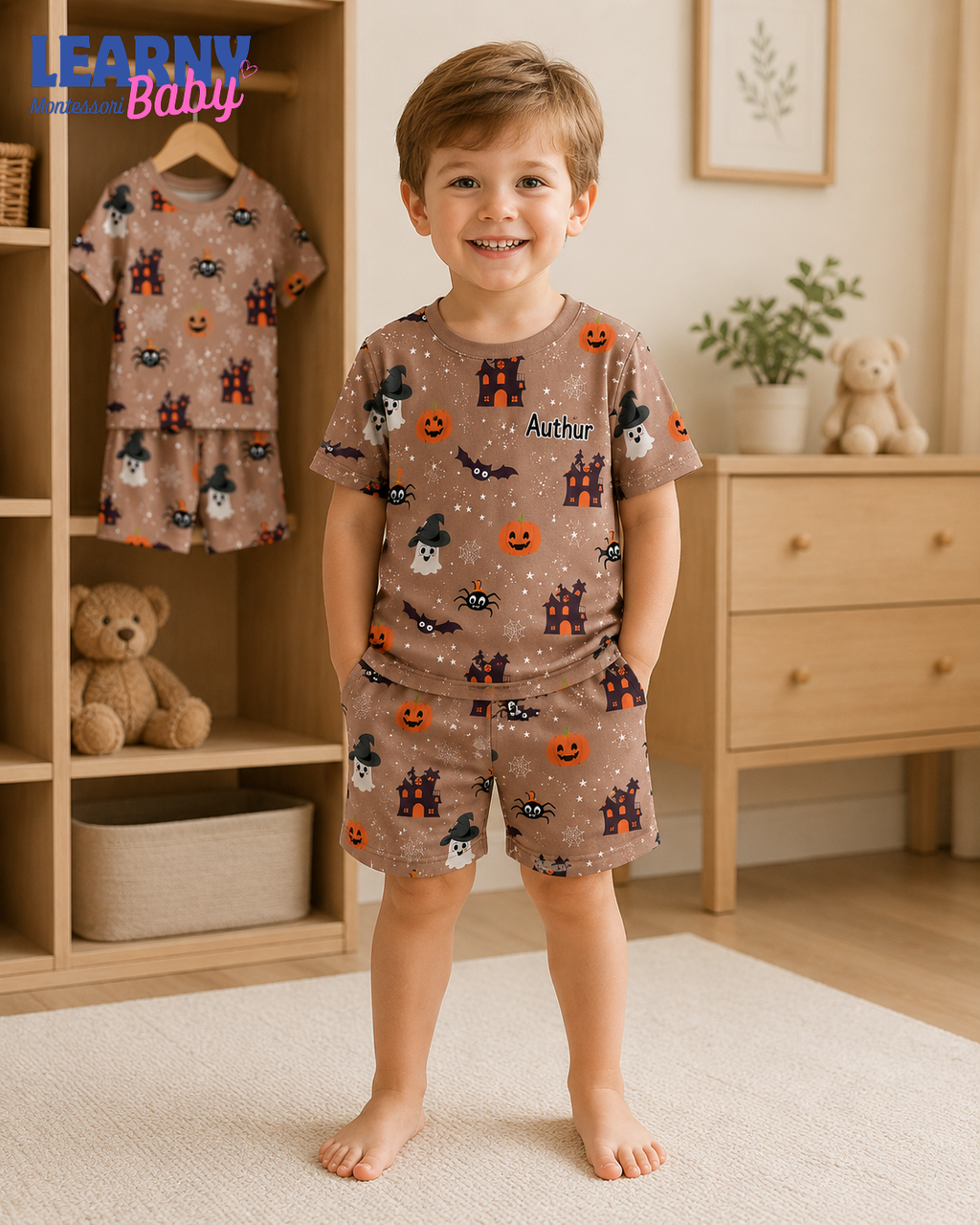 Personalized Halloween Bamboo Short Pajamas for Kids, Custom Name Ghost Pumpkin Bat and Haunted House Sleepwear
