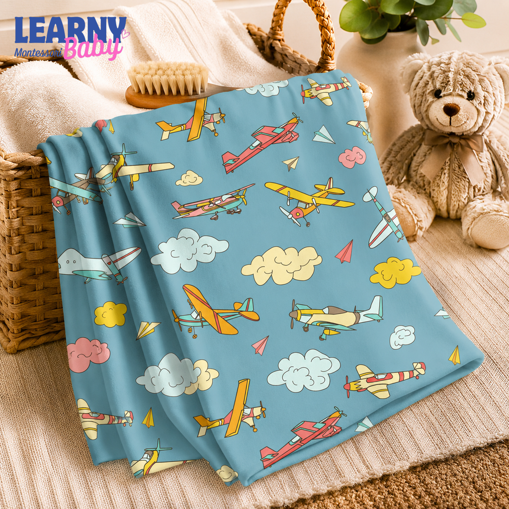 Airplane Bamboo Baby Blanket, Colorful Aviation and Cloud Nursery Blanket, Soft Newborn Receiving Blanket for Baby Boys