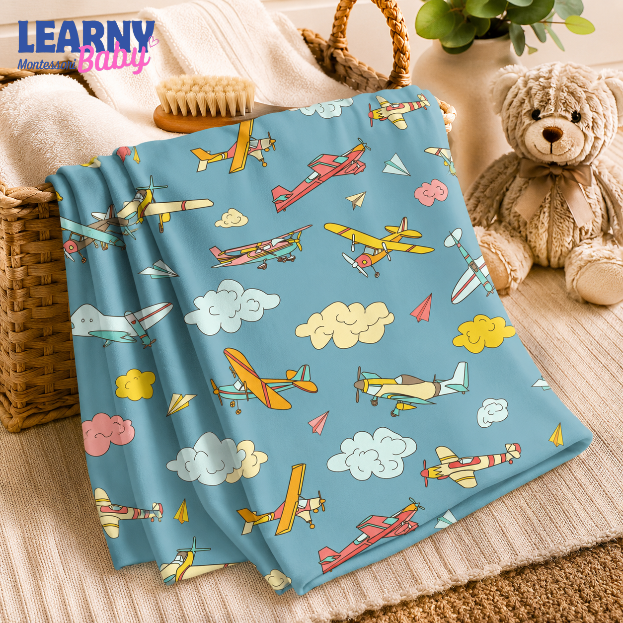 Airplane Bamboo Baby Blanket, Colorful Aviation and Cloud Nursery Blanket, Soft Newborn Receiving Blanket for Baby Boys
