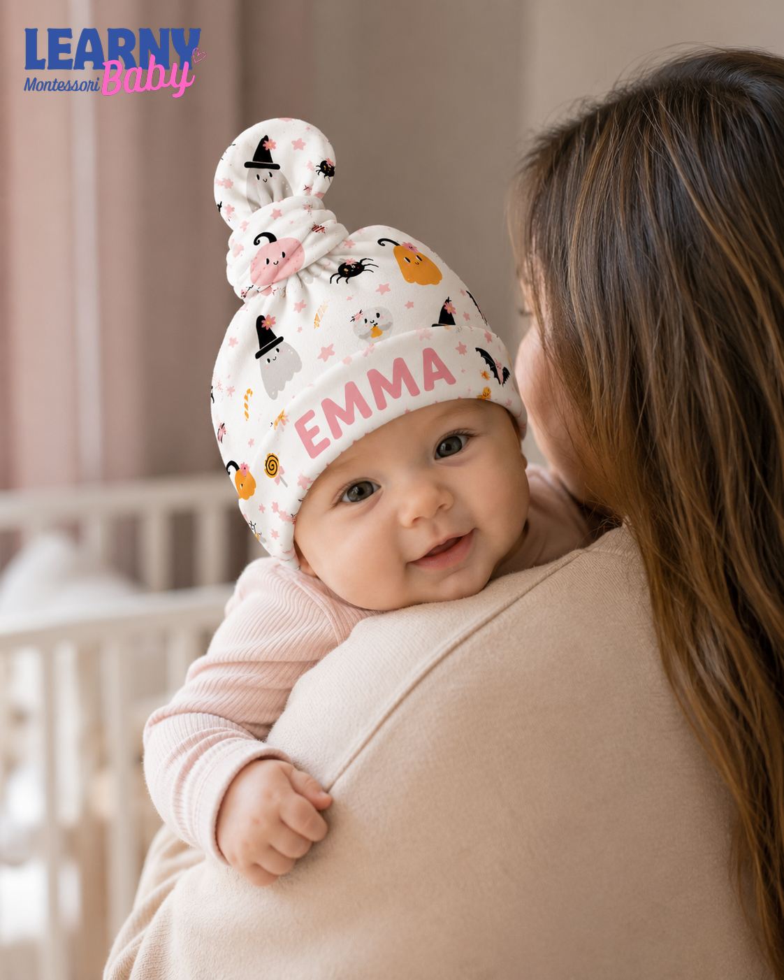 Personalized Pink Halloween Bamboo Baby Knotted Hat, Custom Name Ghost Pumpkin Newborn Beanie, Baby Girl Halloween Hat