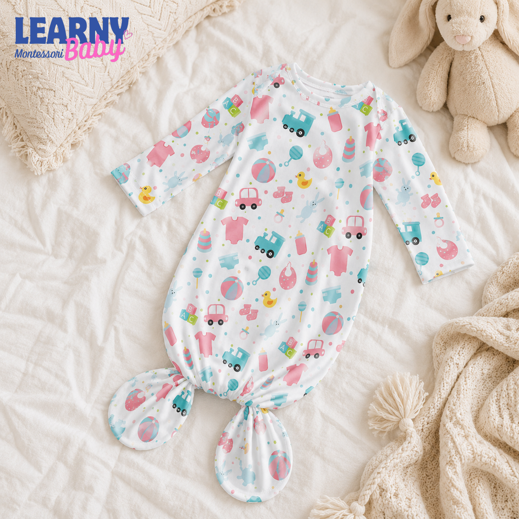 Newborn Baby Knotted Gown, Colorful Transportation Bamboo Sleeper, Gender Neutral Baby Outfit