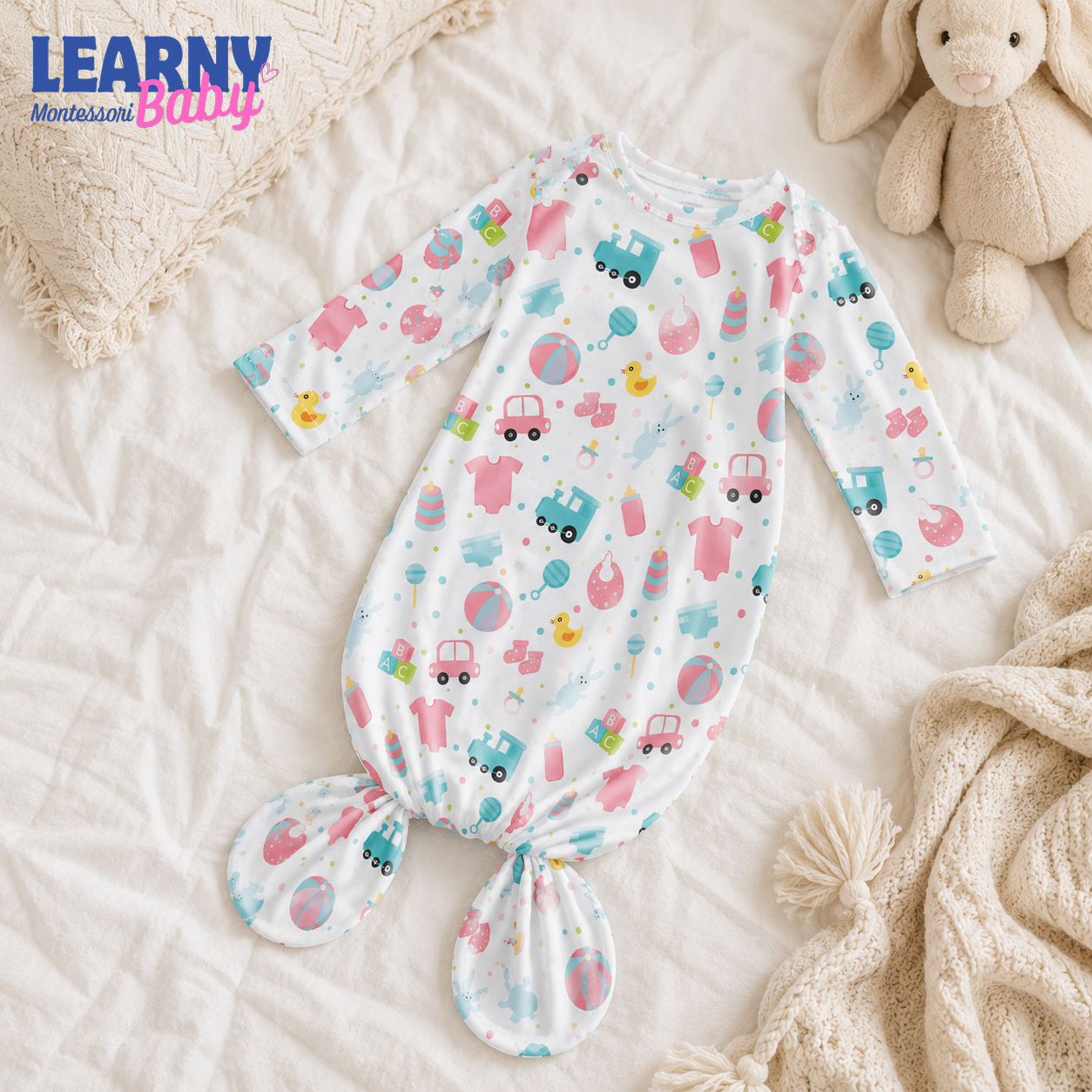 Newborn Baby Knotted Gown, Colorful Transportation Bamboo Sleeper, Gender Neutral Baby Outfit