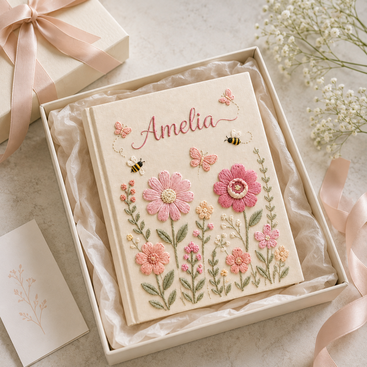 Custom Floral Bee Baby Photo Album, Personalized Hand Embroidered Keepsake Album with Sleeves, Linen Baby Girl Memory Book EPLB13