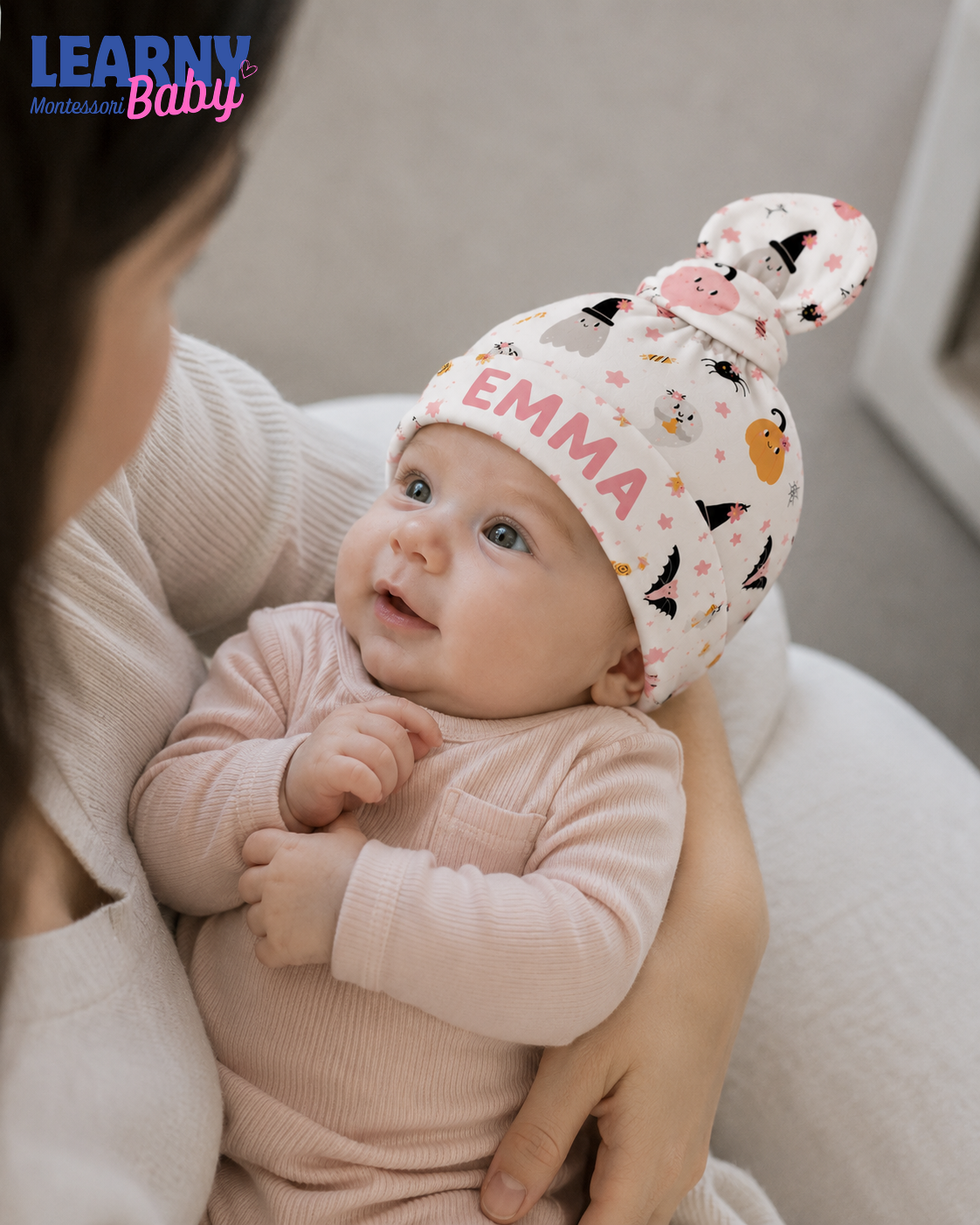 Personalized Pink Halloween Bamboo Baby Knotted Hat, Custom Name Ghost Pumpkin Newborn Beanie, Baby Girl Halloween Hat