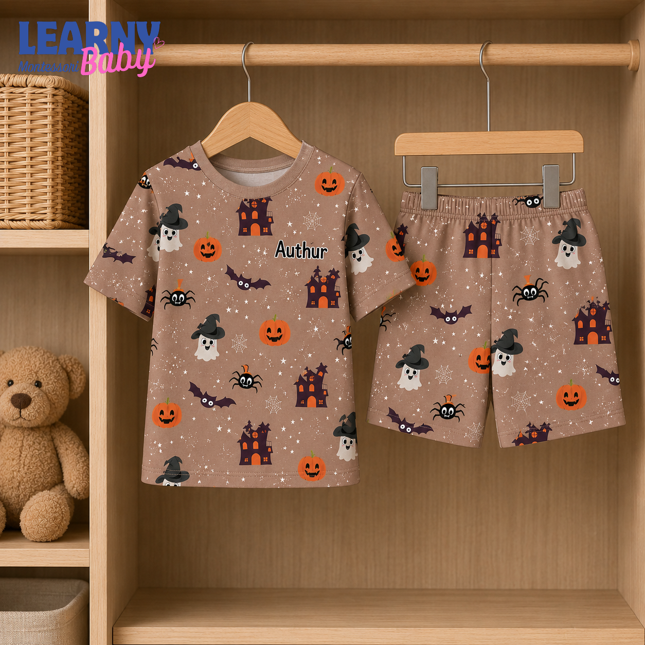 Personalized Halloween Bamboo Short Pajamas for Kids, Custom Name Ghost Pumpkin Bat and Haunted House Sleepwear