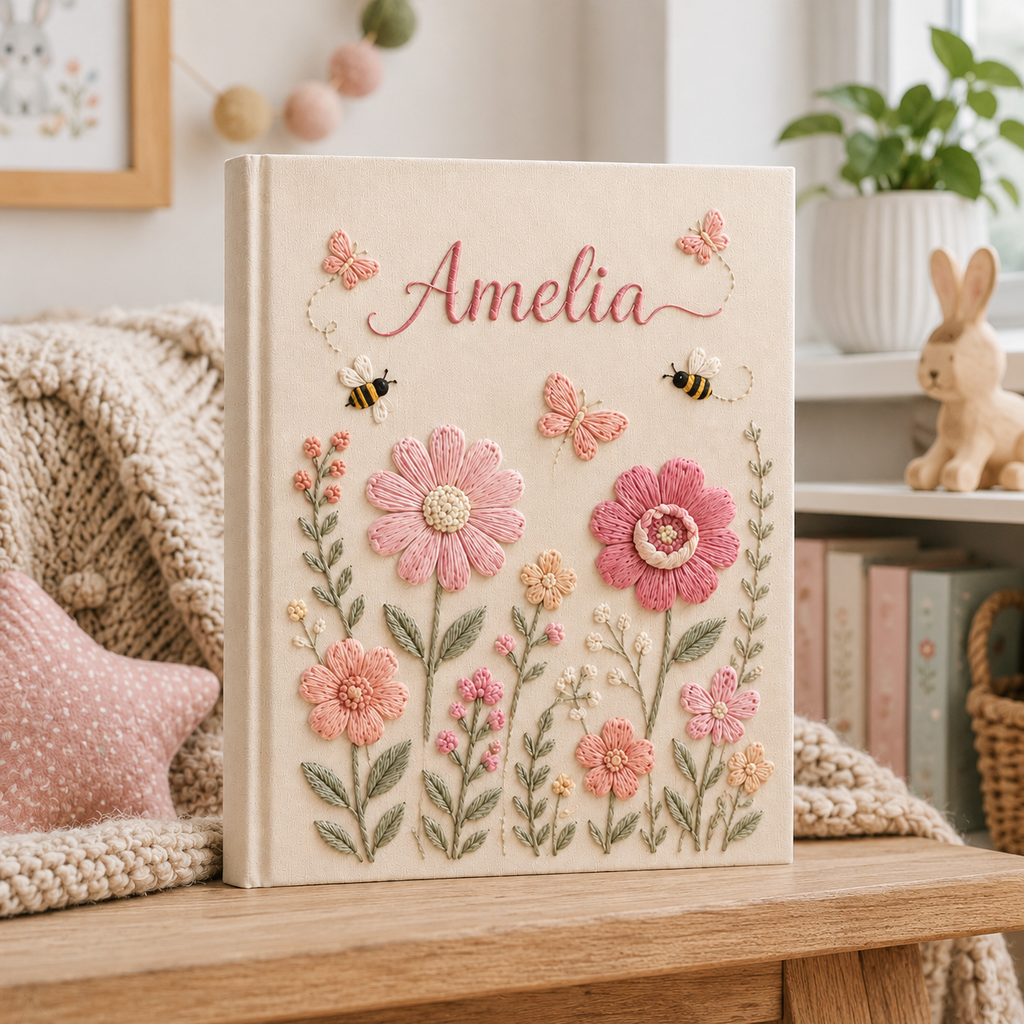 Custom Floral Bee Baby Photo Album, Personalized Hand Embroidered Keepsake Album with Sleeves, Linen Baby Girl Memory Book EPLB13