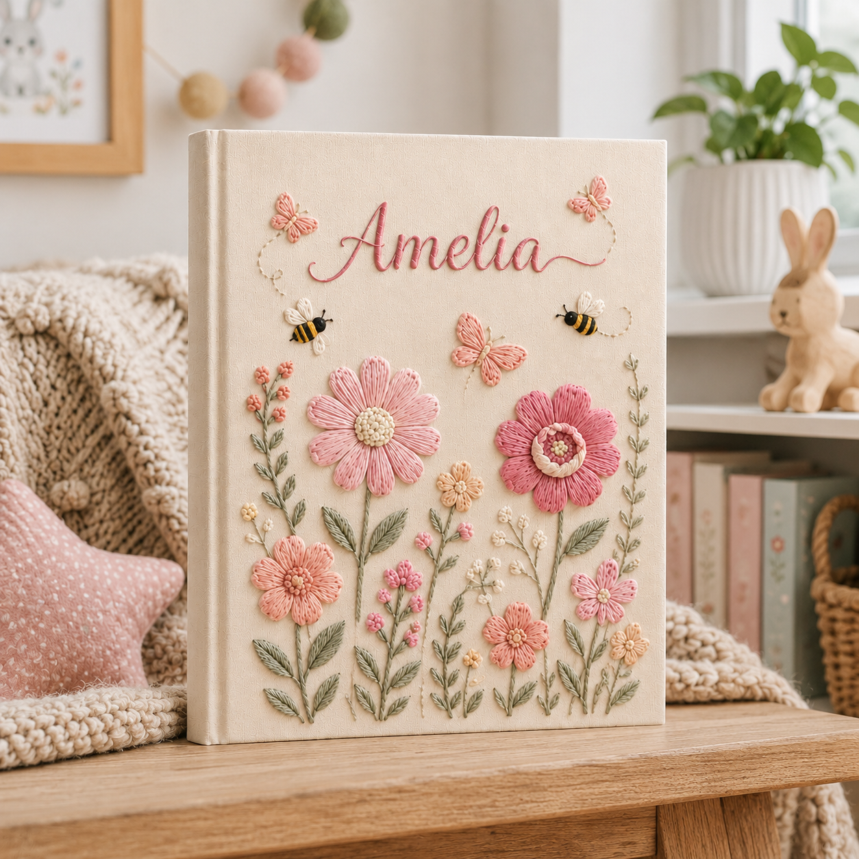 Custom Floral Bee Baby Photo Album, Personalized Hand Embroidered Keepsake Album with Sleeves, Linen Baby Girl Memory Book EPLB13