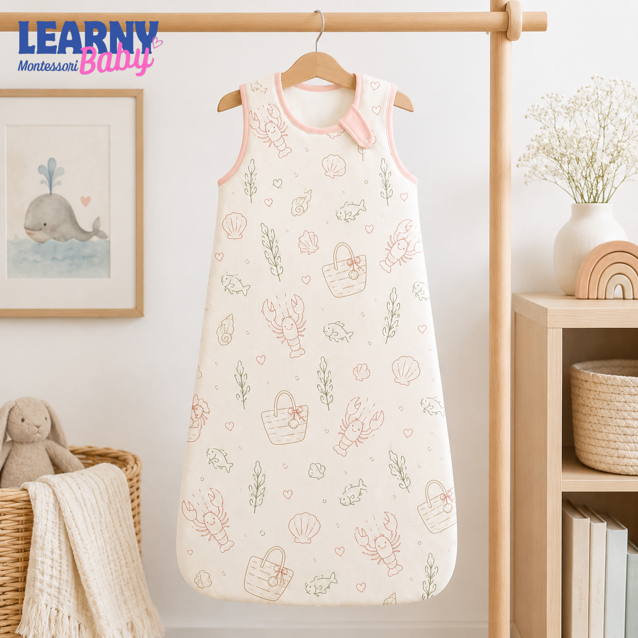 Coastal Lobster Bamboo Baby Sleep Sack, Seashell and Sea Life Wearable Blanket, Nautical Baby Nursery Gift
