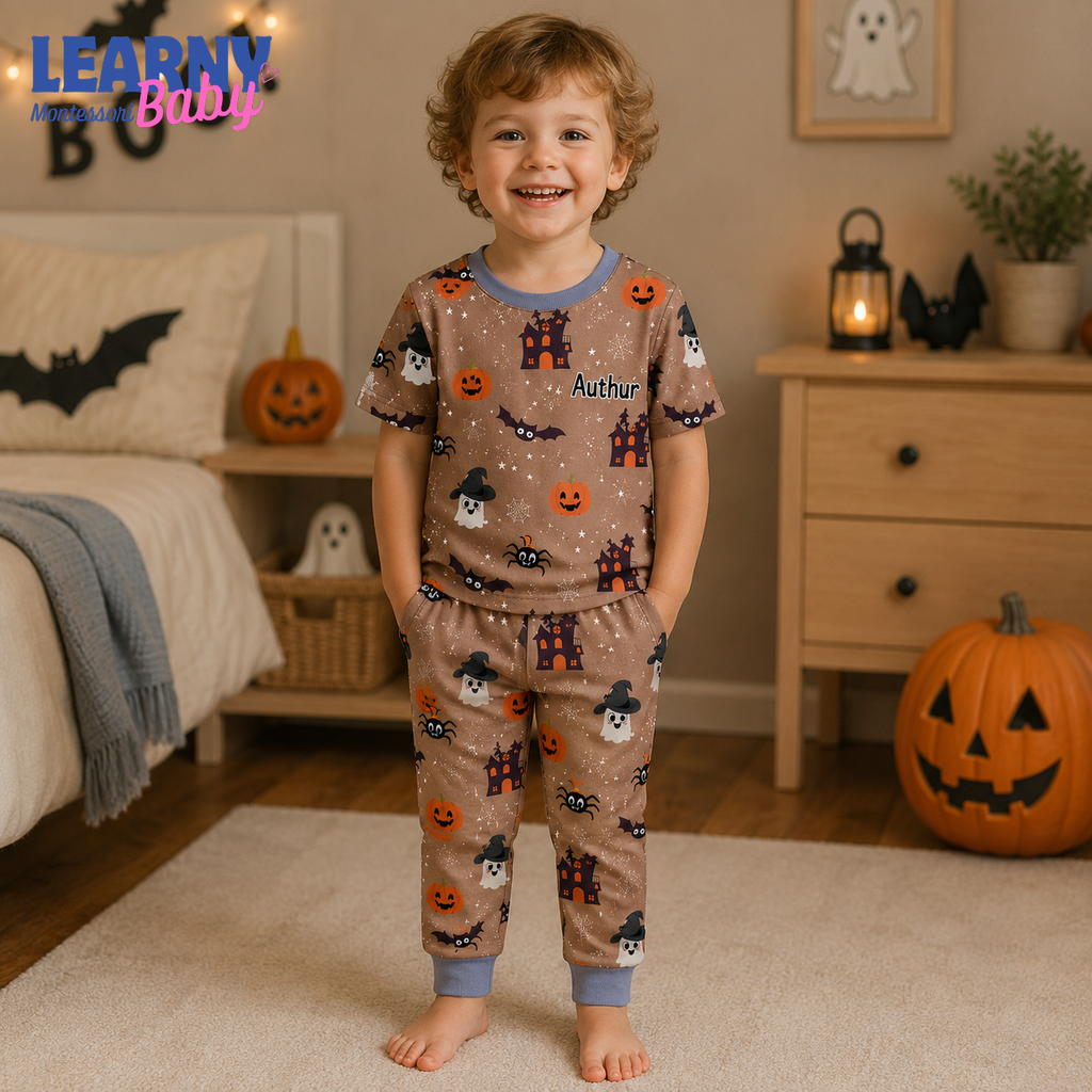 Personalized Halloween Bamboo Short Pajamas for Kids, Custom Name Ghost Pumpkin Bat and Haunted House Sleepwear