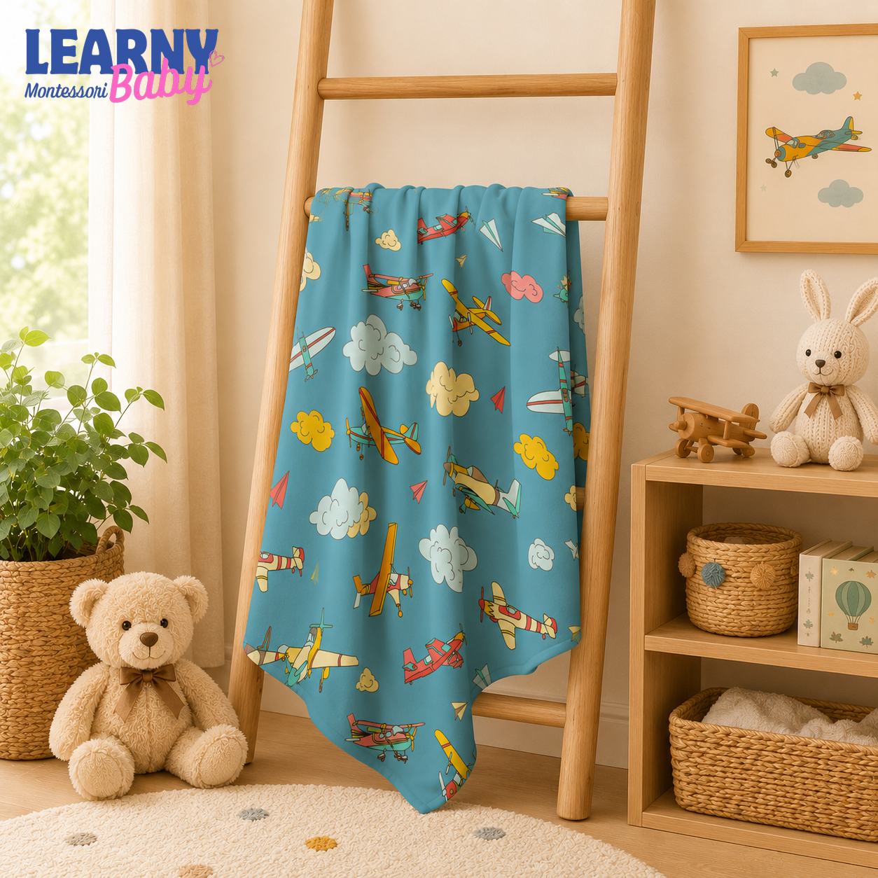 Airplane Bamboo Baby Blanket, Colorful Aviation and Cloud Nursery Blanket, Soft Newborn Receiving Blanket for Baby Boys