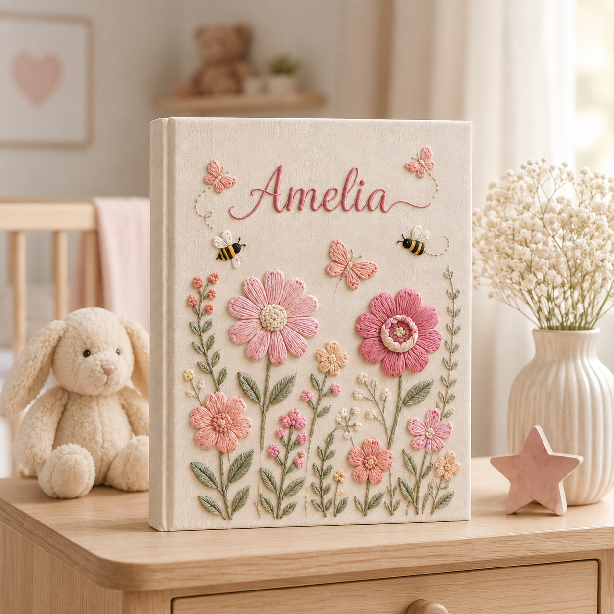 Custom Floral Bee Baby Photo Album, Personalized Hand Embroidered Keepsake Album with Sleeves, Linen Baby Girl Memory Book EPLB13