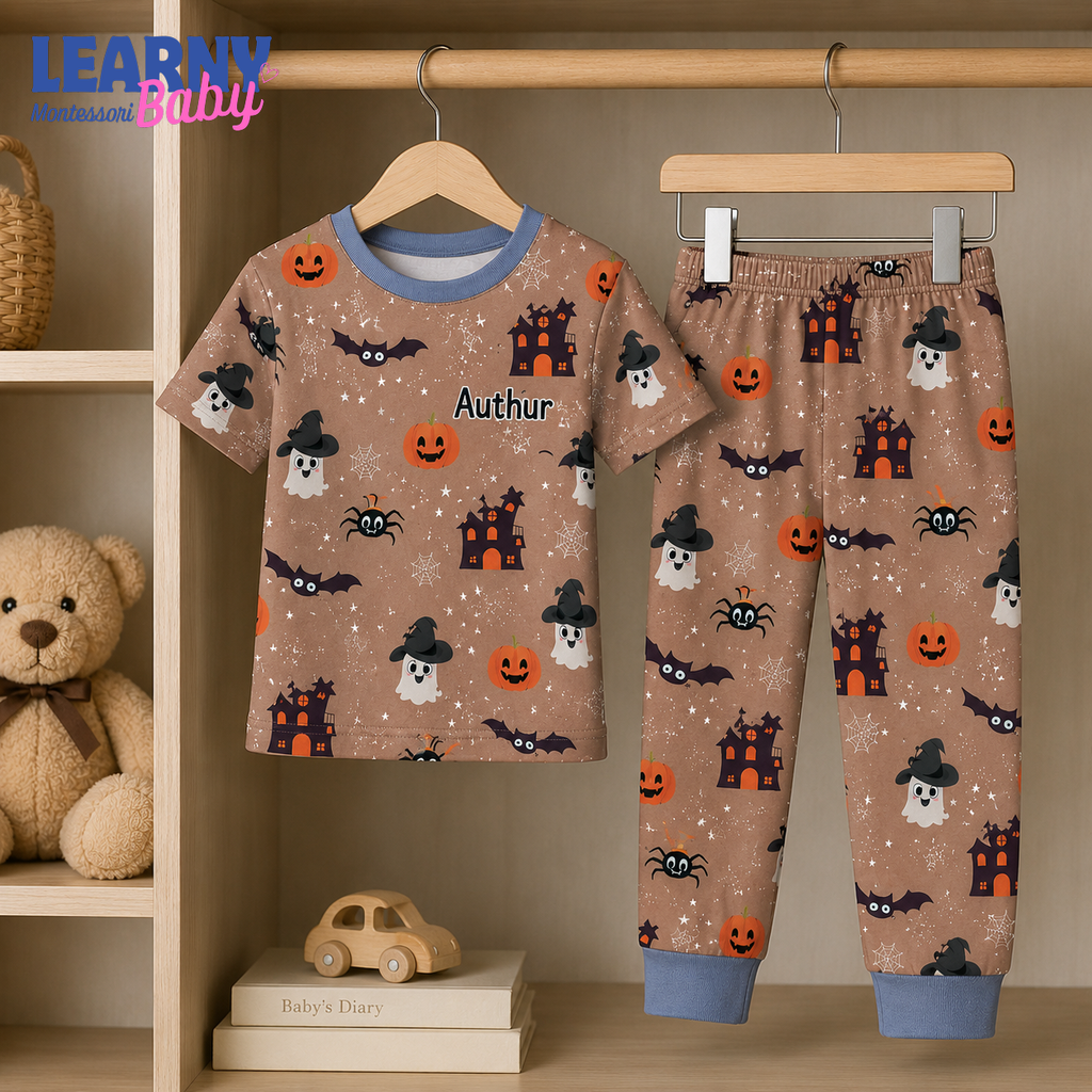Personalized Halloween Bamboo Short Pajamas for Kids, Custom Name Ghost Pumpkin Bat and Haunted House Sleepwear