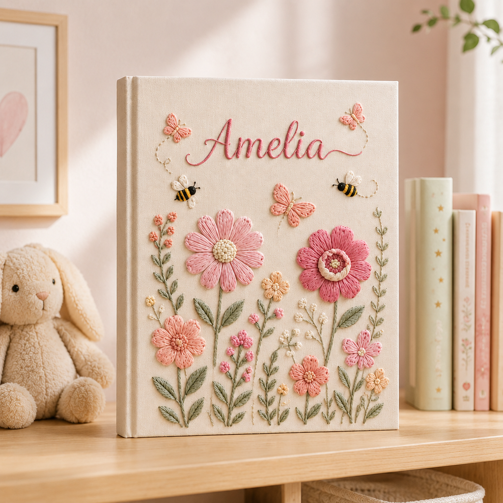 Custom Floral Bee Baby Photo Album, Personalized Hand Embroidered Keepsake Album with Sleeves, Linen Baby Girl Memory Book EPLB13