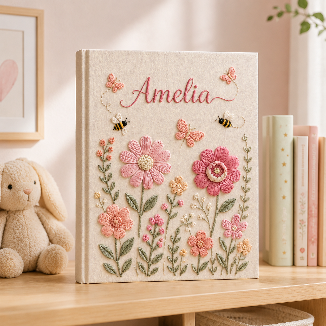 Custom Floral Bee Baby Photo Album, Personalized Hand Embroidered Keepsake Album with Sleeves, Linen Baby Girl Memory Book EPLB13